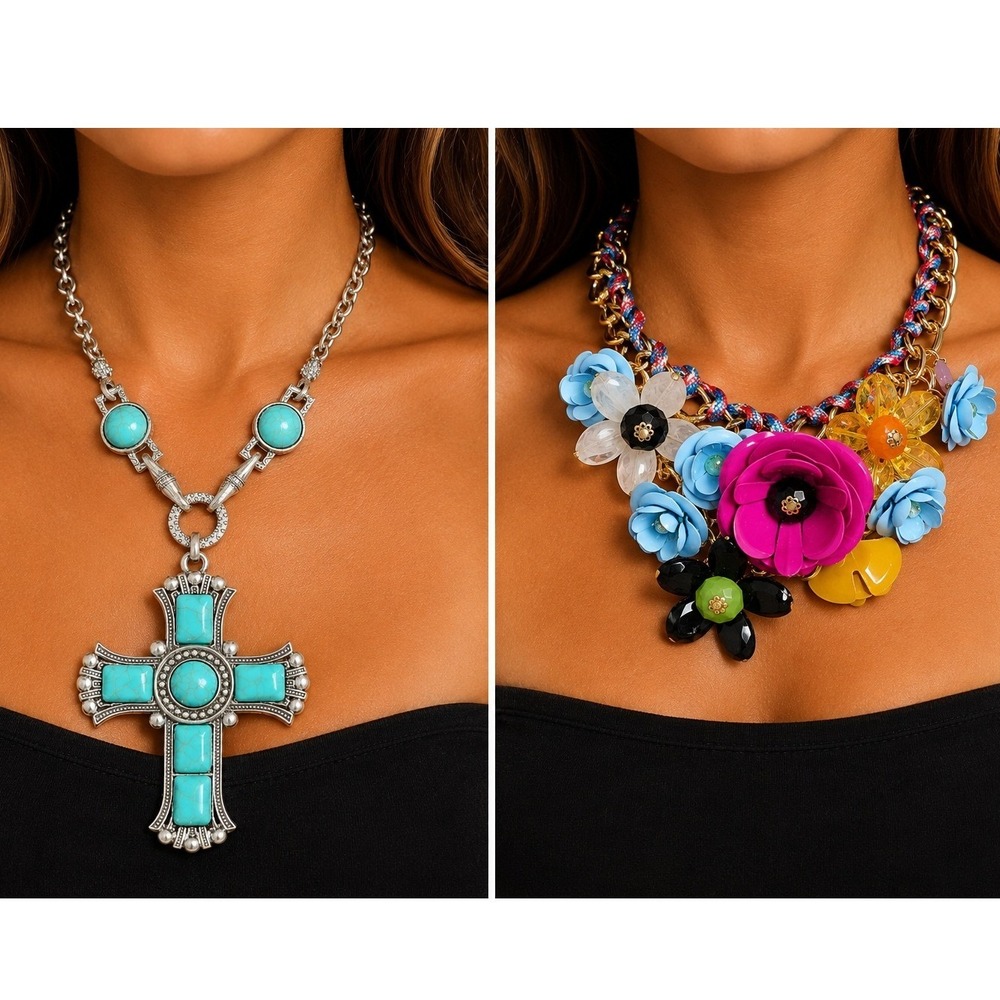 Floral Bib Statement Necklace and Faux Turquoise Cross Pendant Bundle Set Chunky